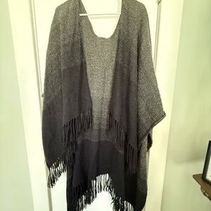 Black and Gray Poncho with Fringe and hood